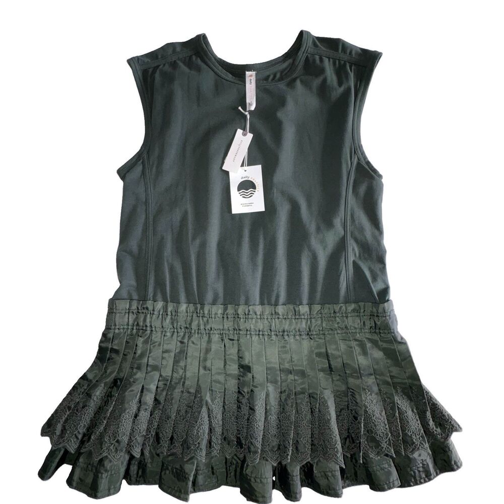 Daily Practice by Anthropologie Mini Dress Dark Green Drop Waist Pleat Ruffle SM